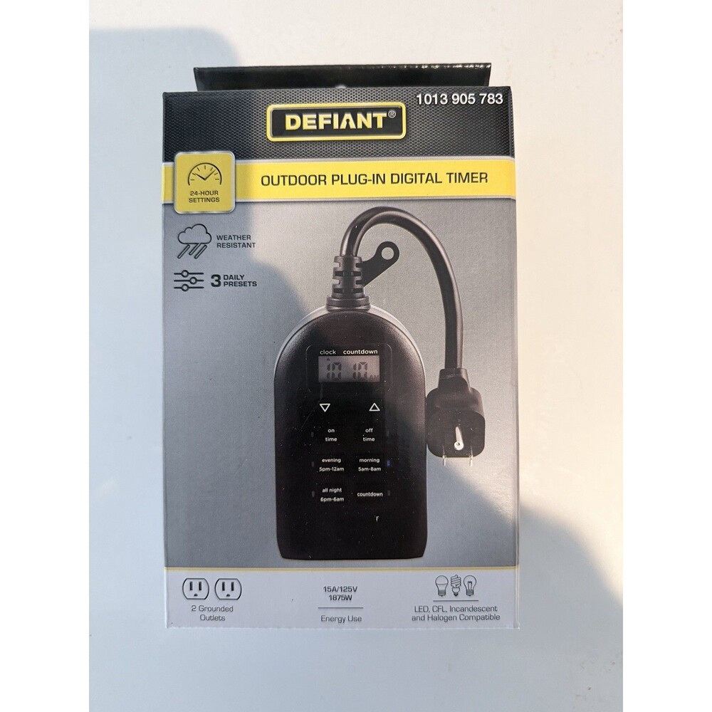 Defiant Outdoor Plug-In Digital Timer Weather Resistant Battery Backup 2 Outlet